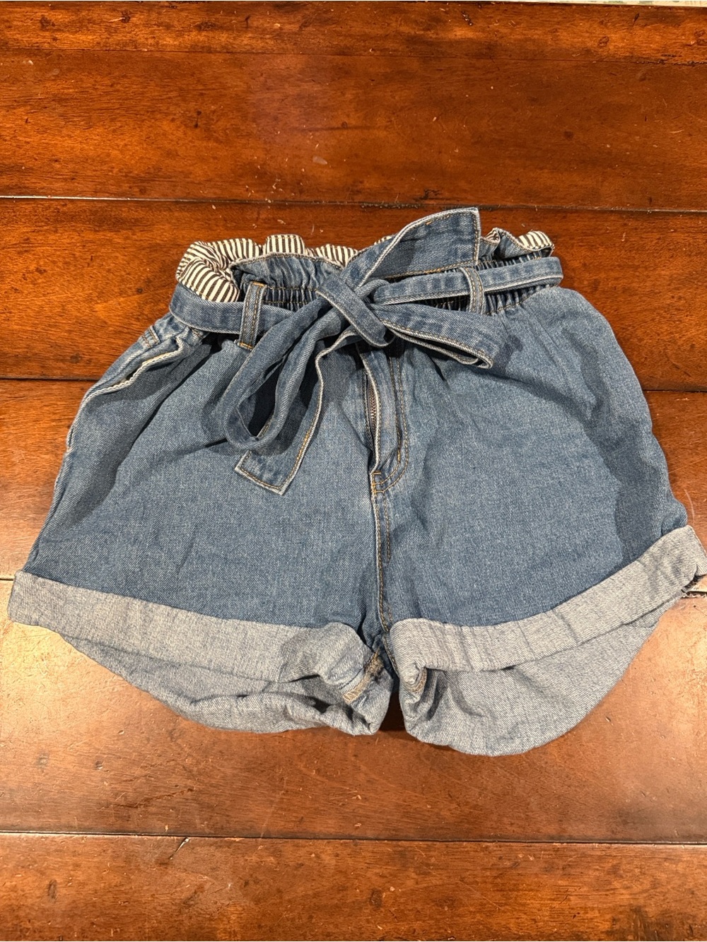 Wishlist Striped-Rise Paperbag Denim Shorts - Blue